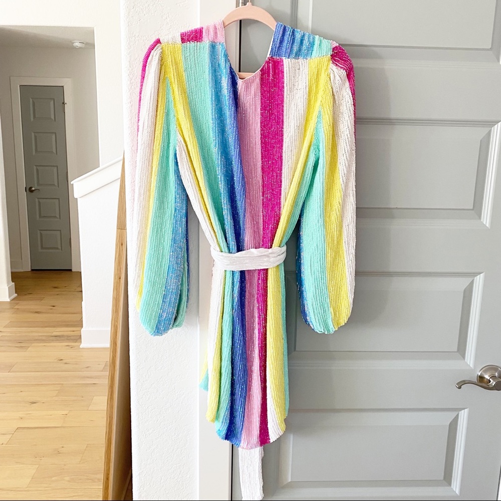 Retrofete Gabrielle NWT Robe Wrap Dress Unicorn Stripe Rainbow Sequin - Picture 8 of 12